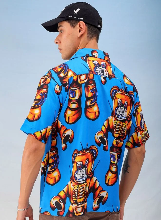 The Indian Garage Co Men Oversized Robotic Half Sleeves Cuban Collar Street Wear Shirt