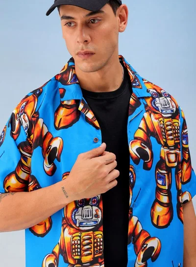The Indian Garage Co Men Oversized Robotic Half Sleeves Cuban Collar Street Wear Shirt