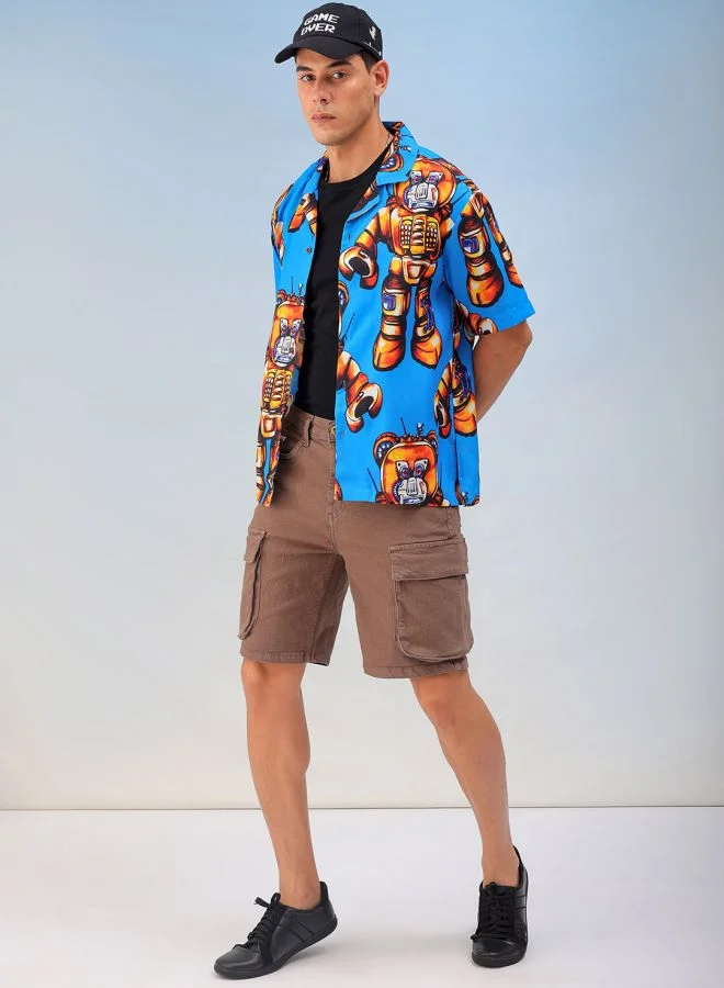 The Indian Garage Co Men Oversized Robotic Half Sleeves Cuban Collar Street Wear Shirt