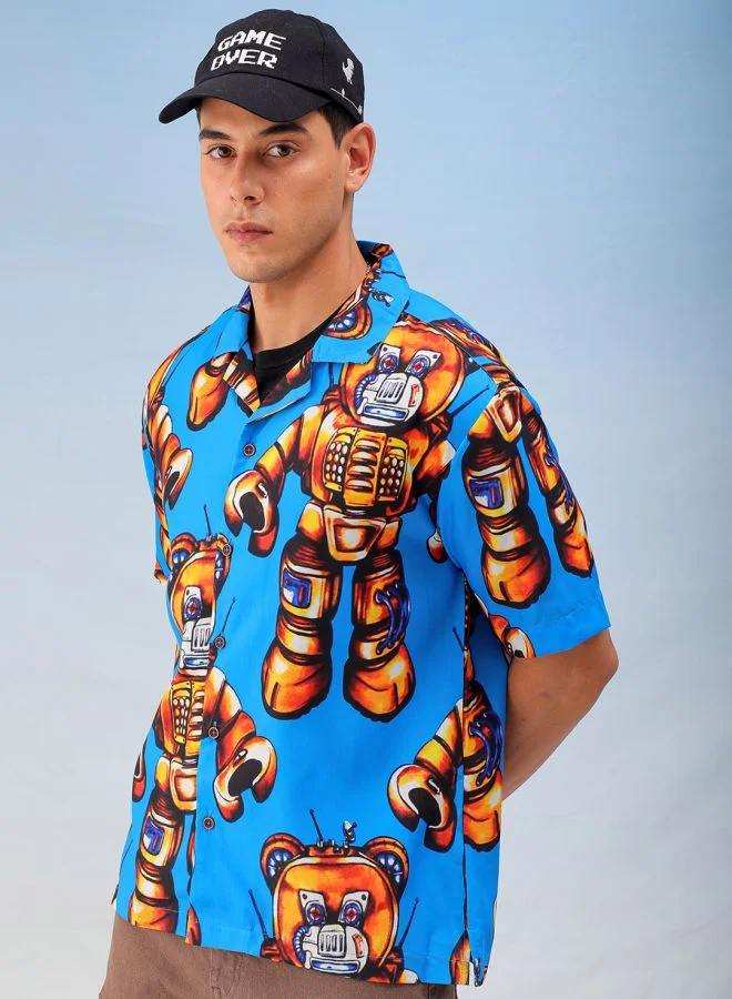 The Indian Garage Co Men Oversized Robotic Half Sleeves Cuban Collar Street Wear Shirt