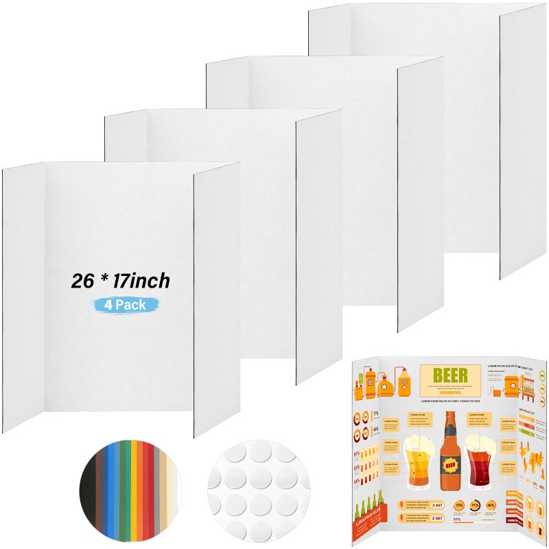 BXIHUR 4 Pcs Trifold Poster Board, 26x17 inches White Poster Board Comes with Sticky Accessories, Corrugated Presentation Boards, Display Board for School Projects, Business Presentations - Image 1