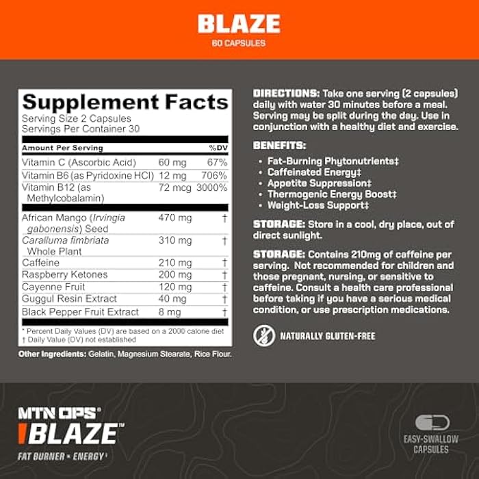 MTN OPS Blaze Fat Burner & Thermogenic Metabolism Booster for Weight Loss, 210mg of Caffeine per Serving Caffeine Pills for Energy Boost, 30 Servings - Image 2