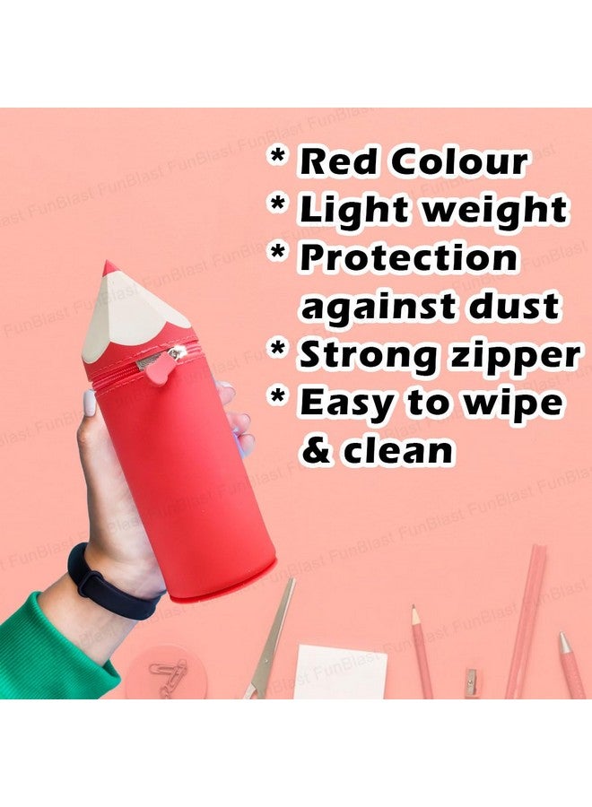 FunBlast Pencil Shaped Pouch - Multipurpose Zipper Silicone Pencil Case, Pen & Pencil Pouch Bag Case for School Supplies, Stationery Organizer Pouch Case for Girls (Red) - Image 3