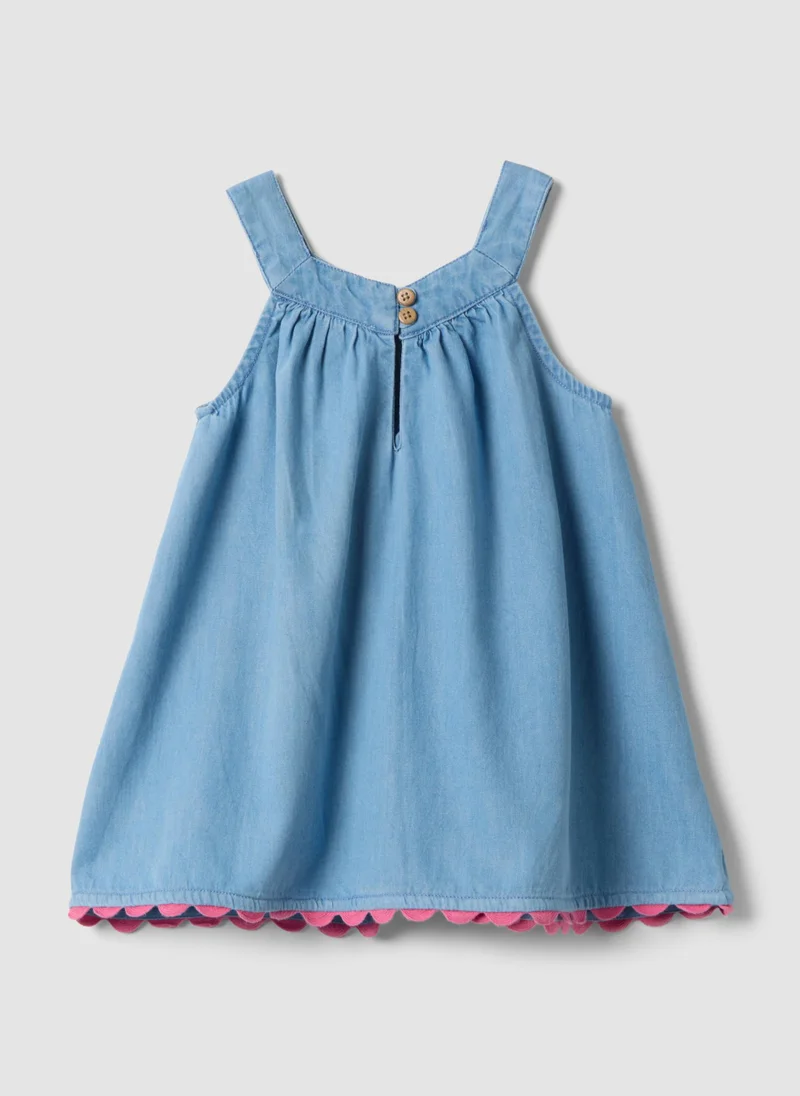 او في اس OVS Sky-Blue Pure Cotton Dress With Floral Embroidery
