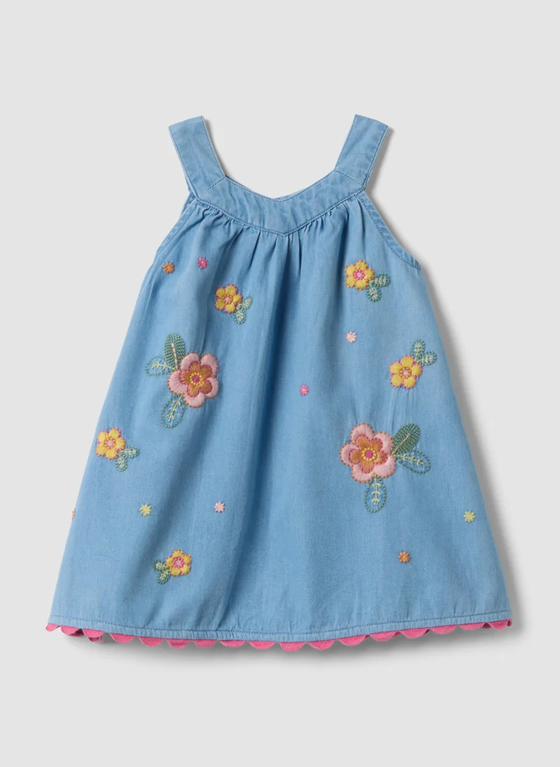 او في اس OVS Sky-Blue Pure Cotton Dress With Floral Embroidery