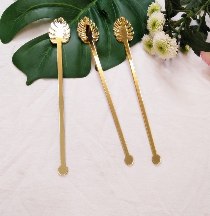 20PCS MONSTERA LEAF STIR STICKS ACRYLIC TROPICAL LEAF SWIZZLE STICKS DRINK STIRRERS LASER CUT WEDDING DECOR DRINK STIRRERS SWIZZLE STICKS GOLD MIRROR
