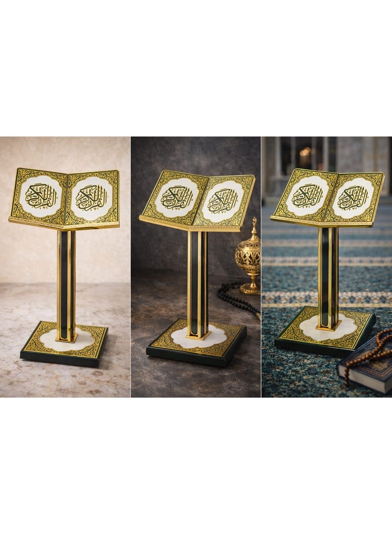 Gold Metallic Pattern Quran Stand – Wooden Rehal with Luxurious Islamic Motif Decals - Image 3
