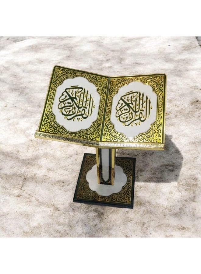 Gold Metallic Pattern Quran Stand – Wooden Rehal with Luxurious Islamic Motif Decals - Image 2