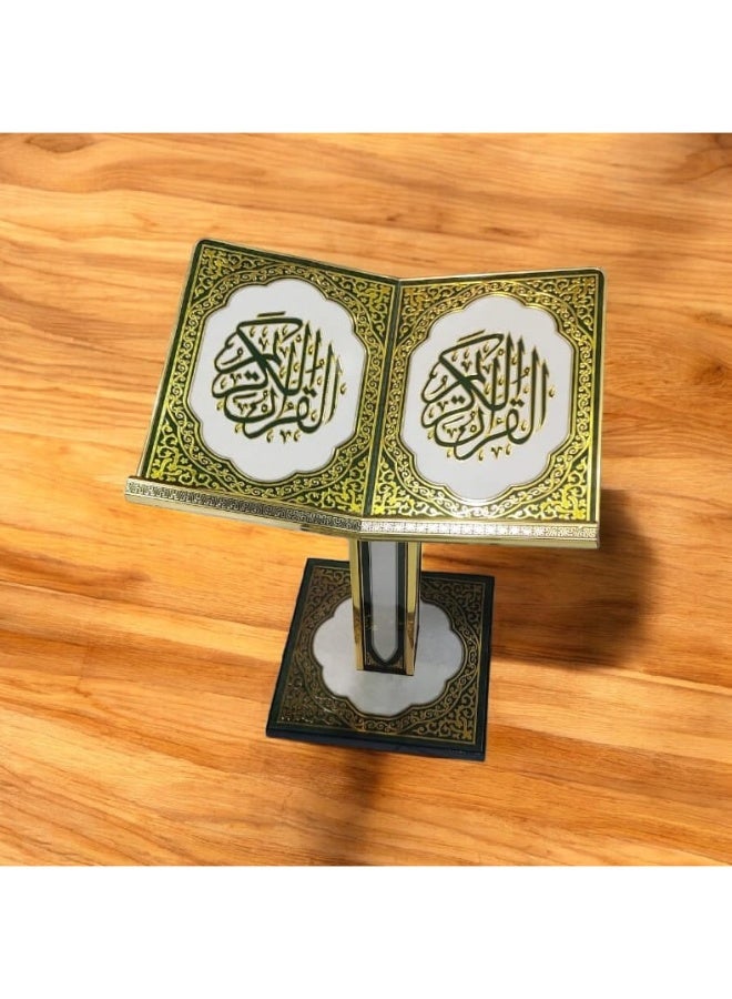 Gold Metallic Pattern Quran Stand – Wooden Rehal with Luxurious Islamic Motif Decals - Image 1