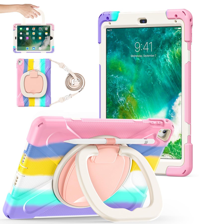 BATYUE Case for iPad 6th Generation 9.7 inch 2018, iPad 5th Gen 2017, iPad Air 2/ iPad Pro 9.7'',Shockproof Protective Cover with Pencil Holder &Rotating Bracket &Shoulder Strap (Colourful Pink) - Image 1