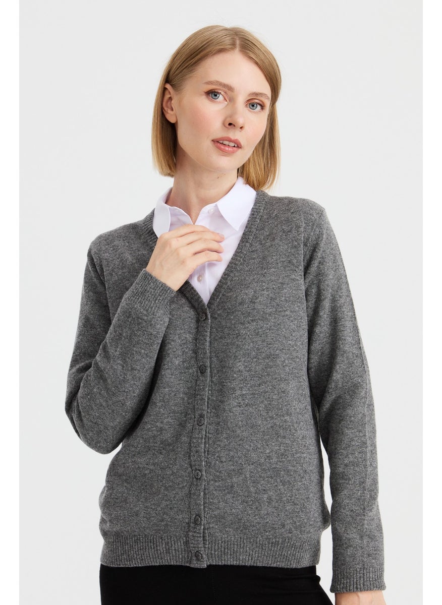 Desen Triko Pattern Knitwear Women V Neck Cardigan Wool Smoke  - Image 4