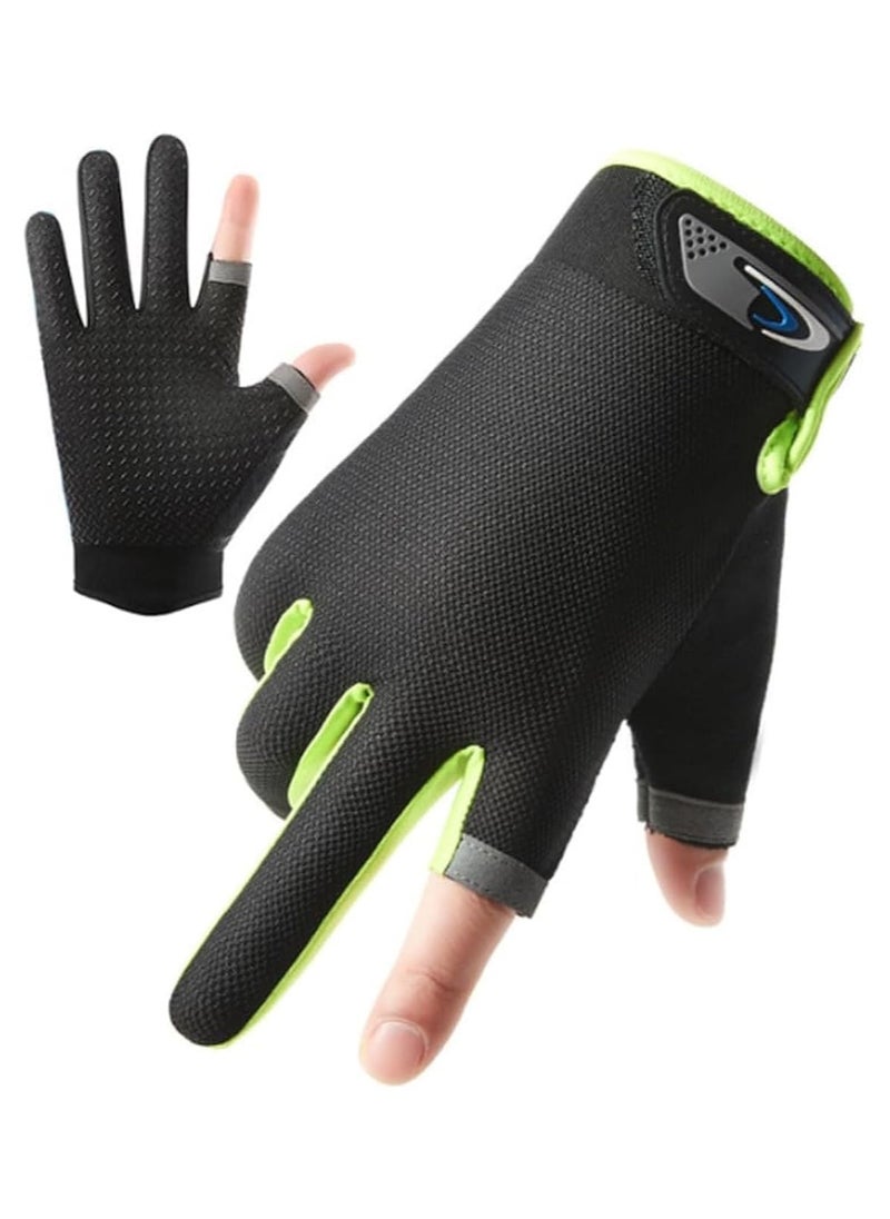 Generic Fishing Gloves Breathable Fish Gloves with Two Open Fingers/Men Women Anti-Slip Cellphone Black Green 