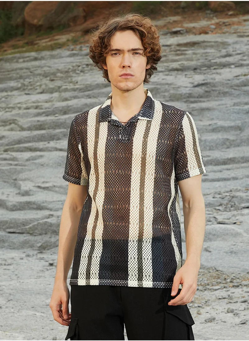 كامبوس سوترا Men's Prussian Blue Panel Knit PoloT-Shirt