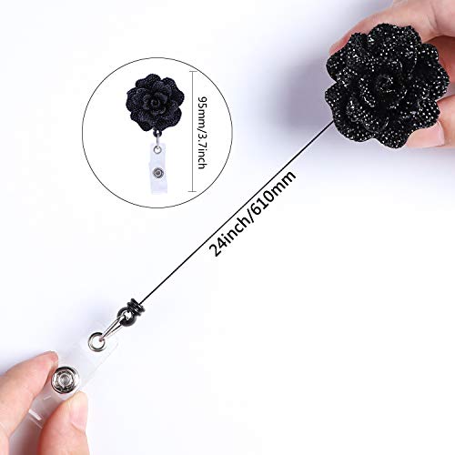 Soleebee 24'' Retractable Badge Reel, Glitter Rose Nurse ID Badge Holder Reel with 360° Swivel Alligator Clip - Black - Image 3