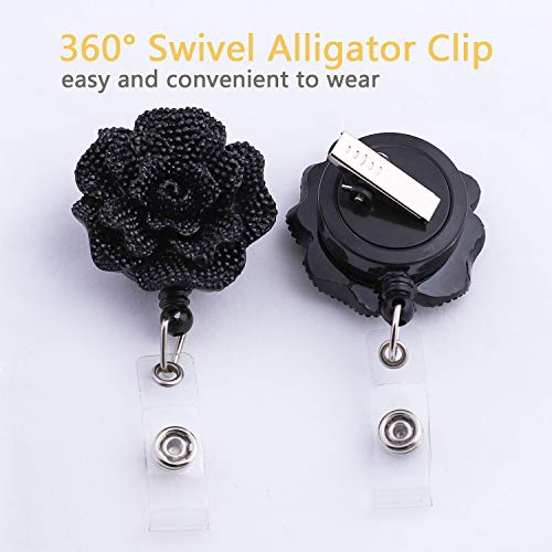 Soleebee 24'' Retractable Badge Reel, Glitter Rose Nurse ID Badge Holder Reel with 360° Swivel Alligator Clip - Black - Image 2