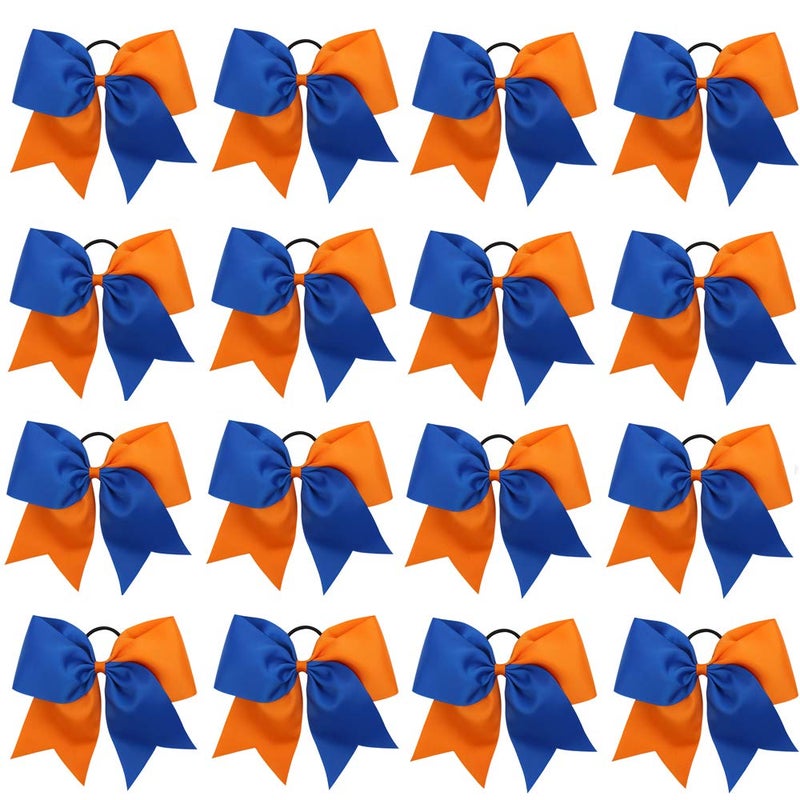 Oaoleer 16PCS 8" Large Cheer Hair Bows Ponytail Holder Elastic Band Handmade for Cheerleading Teen Girls College Sports (16 Pcs) (Royal blue/Orange) - Image 1