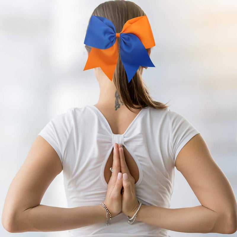 Oaoleer 16PCS 8" Large Cheer Hair Bows Ponytail Holder Elastic Band Handmade for Cheerleading Teen Girls College Sports (16 Pcs) (Royal blue/Orange) - Image 2