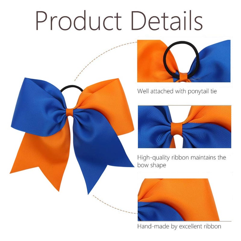 Oaoleer 16PCS 8" Large Cheer Hair Bows Ponytail Holder Elastic Band Handmade for Cheerleading Teen Girls College Sports (16 Pcs) (Royal blue/Orange) - Image 4