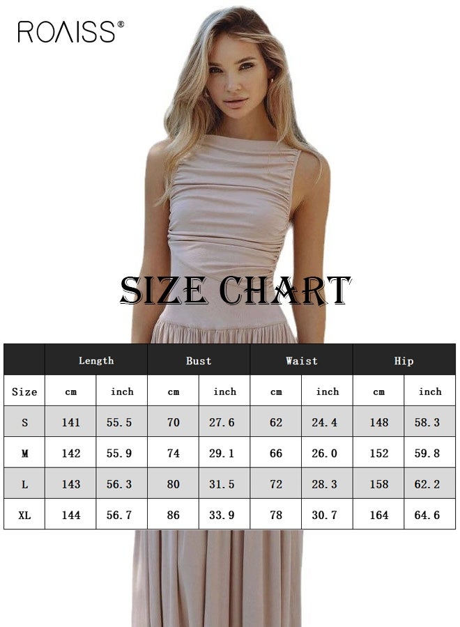 roaiss Women Dusty Beige Sleeveless Pleated Dress Slim Waist Bodycon Silhouette Floor-Length Skirt Trendy Solid Color Midaxi for Women's Sophisticated Elegance - Image 4