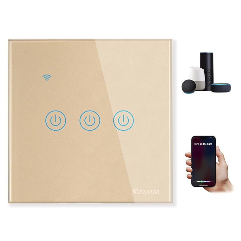 ماكايورون مفتاح إضاءة حائط ذكي WiFi من Makayuron، لا يتطلب سلك محايد، متوافق مع Alexa وGoogle Home، تحكم عن بعد عبر التطبيق باللمس، لا يتطلب مركز تحكم، تحكم صوتي (3 مجموعات، ذهبي) - Image 1