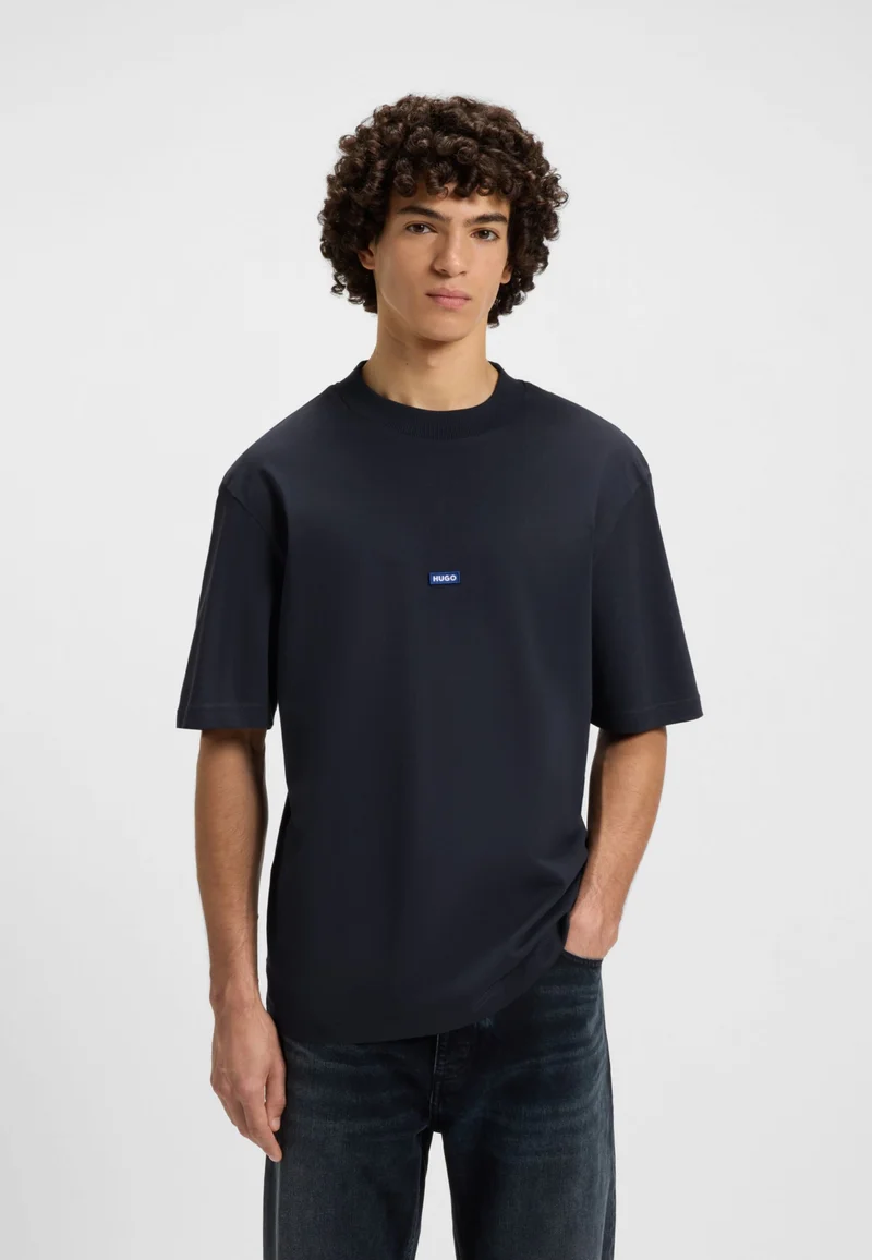 HUGO Regular-fit cotton-jersey T-shirt with blue logo patch