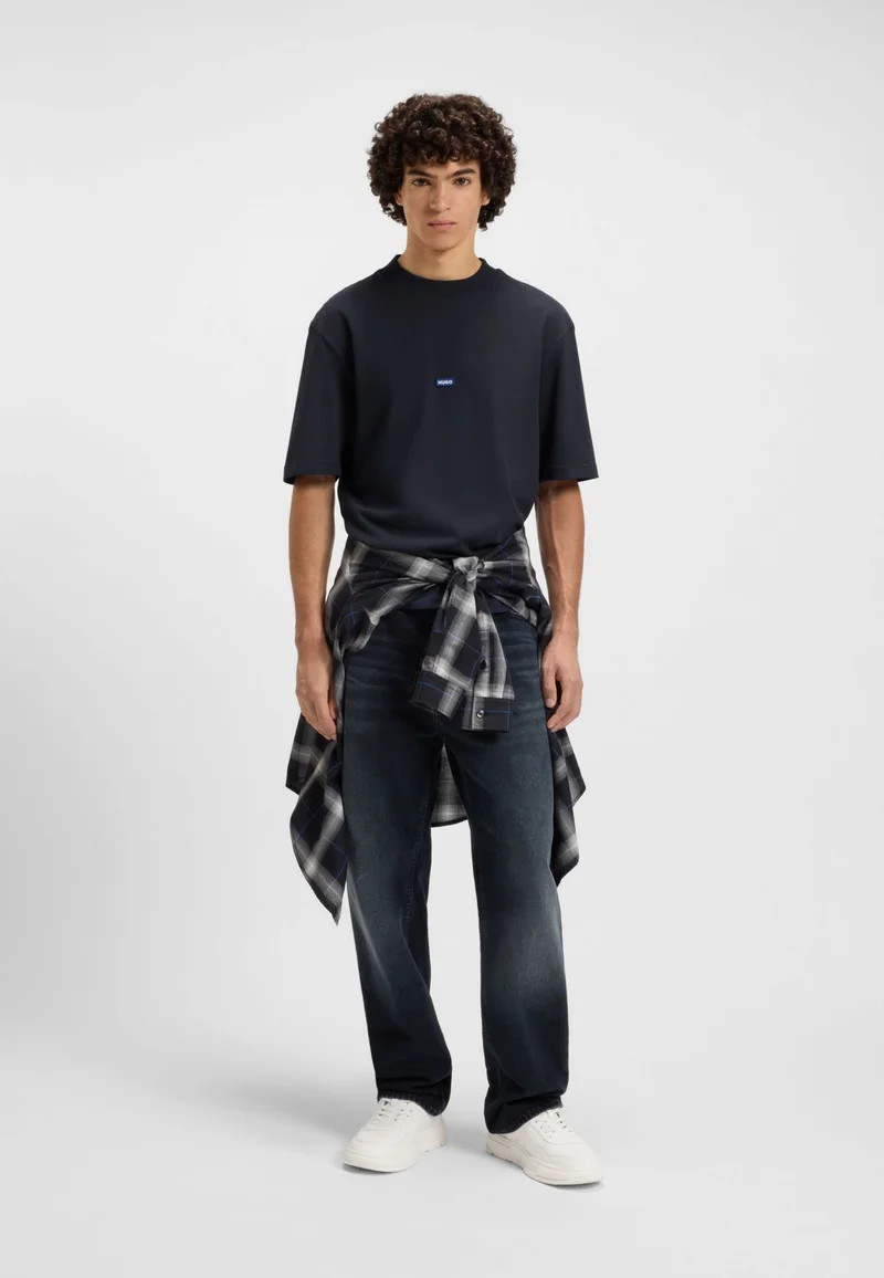 HUGO Regular-fit cotton-jersey T-shirt with blue logo patch