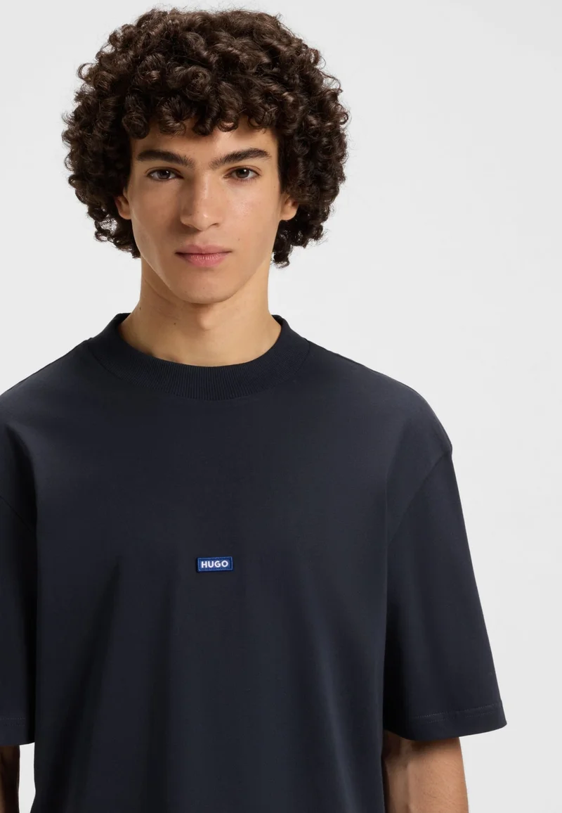 HUGO Regular-fit cotton-jersey T-shirt with blue logo patch