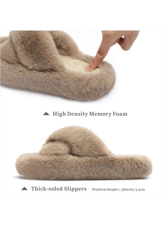 Chantomoo Women's Cross Slippers Memory Foam House Bedroom Slippers for Women Fuzzy Plush Comfy Faux Fur Lined Slide Shoes Anti-Skid Sole Trendy Gift Light Brown 38/39 EU - Image 2
