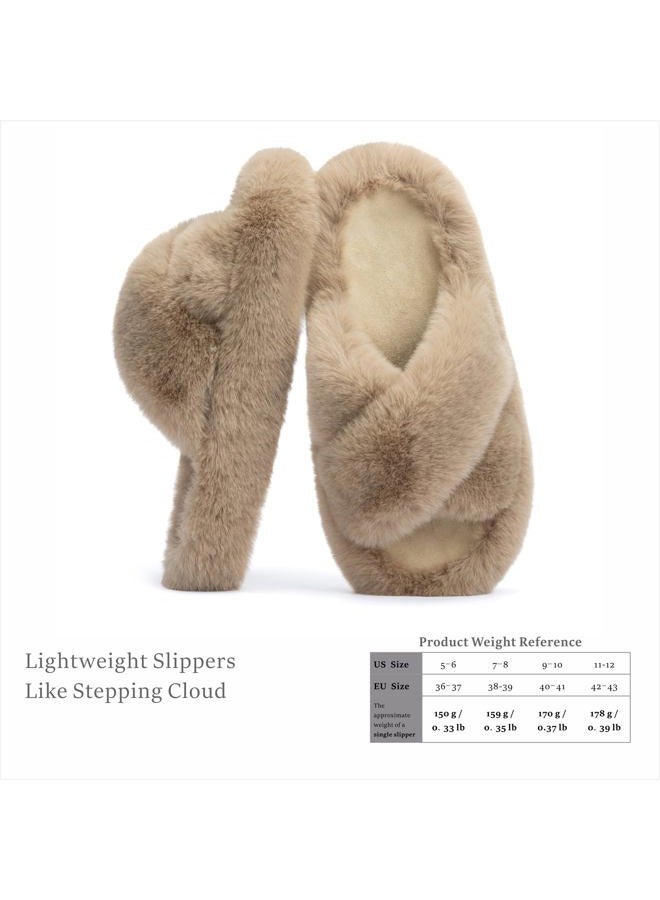Chantomoo Women's Cross Slippers Memory Foam House Bedroom Slippers for Women Fuzzy Plush Comfy Faux Fur Lined Slide Shoes Anti-Skid Sole Trendy Gift Light Brown 38/39 EU - Image 3