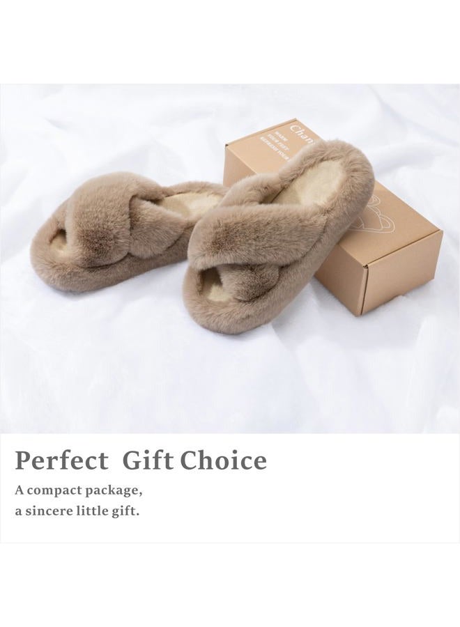 Chantomoo Women's Cross Slippers Memory Foam House Bedroom Slippers for Women Fuzzy Plush Comfy Faux Fur Lined Slide Shoes Anti-Skid Sole Trendy Gift Light Brown 38/39 EU - Image 5