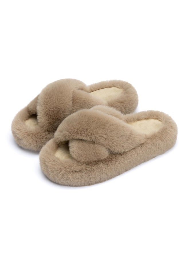 Chantomoo Women's Cross Slippers Memory Foam House Bedroom Slippers for Women Fuzzy Plush Comfy Faux Fur Lined Slide Shoes Anti-Skid Sole Trendy Gift Light Brown 38/39 EU - Image 1