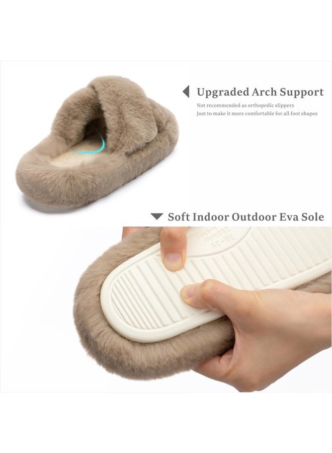 Chantomoo Women's Cross Slippers Memory Foam House Bedroom Slippers for Women Fuzzy Plush Comfy Faux Fur Lined Slide Shoes Anti-Skid Sole Trendy Gift Light Brown 38/39 EU - Image 4