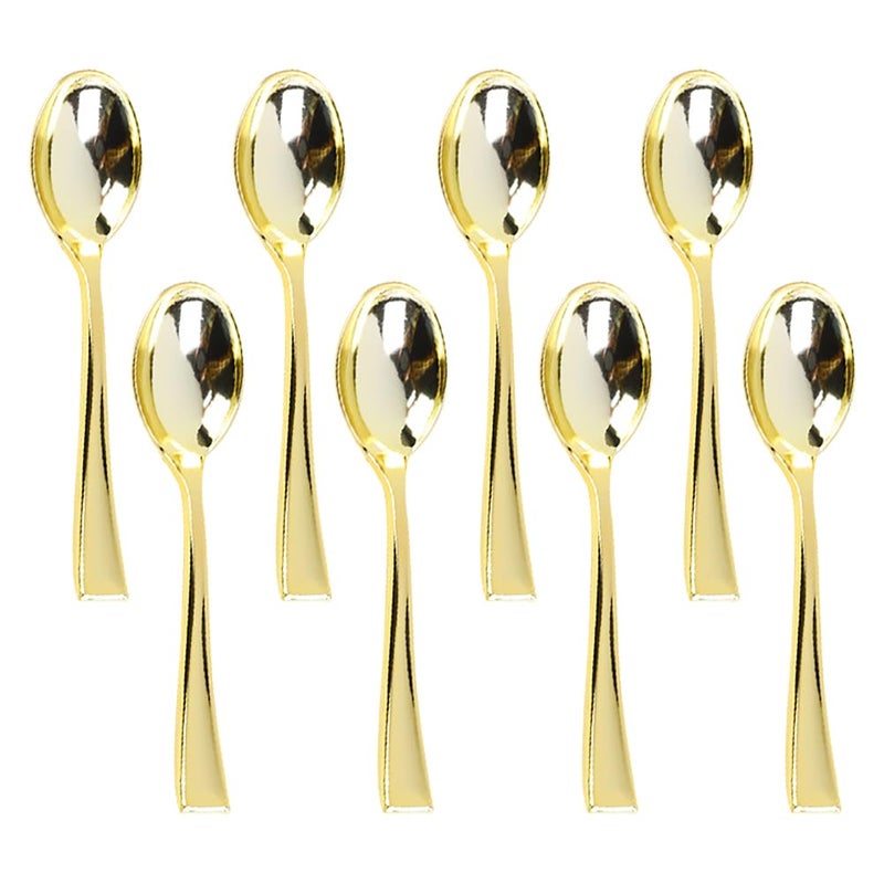 GSHLLO 50 Pcs 10cm Disposable Dessert Spoons Mini Appetizer Spoons Tiny Cocktail Spoons Small Tasting Spoons Elegant Plastic Spoons Party Supplies Spoons for Ice Cream Cake Golden Spoons