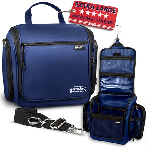 AvaJex Extra Large (11.8”x11.8”x4”) Hanging Travel Toiletry Bag for Men and Women - Cosmetic Travel Bag With Shoulder Strap - Waterproof Hygiene Bag with Metal Swivel Hook and 19 Compartments for Toiletries - Image 1