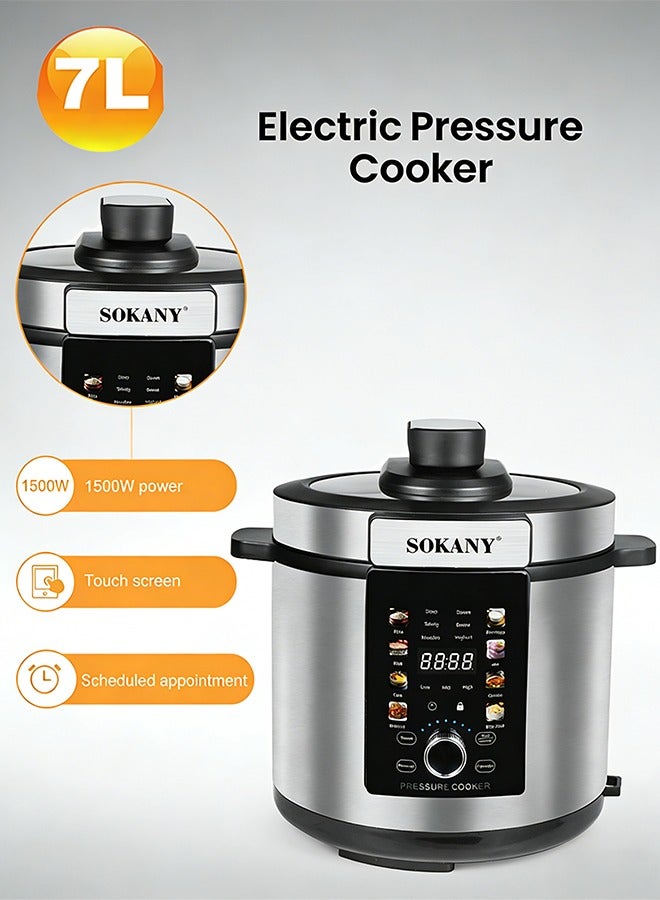 سوكاني طنجرة ضغط كهربائية سعة 7 لتر، طنجرة ضغط متعددة الاستخدامات من الفولاذ المقاوم للصدأ، طنجرة أرز، طنجرة بخار، وعاء داخلي من الفولاذ المقاوم للصدأ، موعد محدد 1500 وات SK-07043 فضي/أسود - Image 1