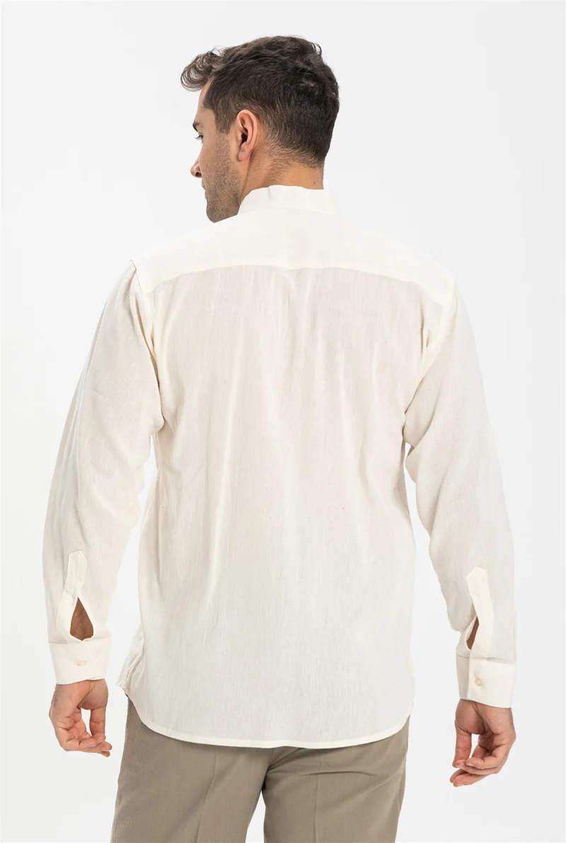 Eliş Şile Bezi Long Sleeve Şile Cloth Classic Collar Single Pocket Men's Shirt Cream 3002