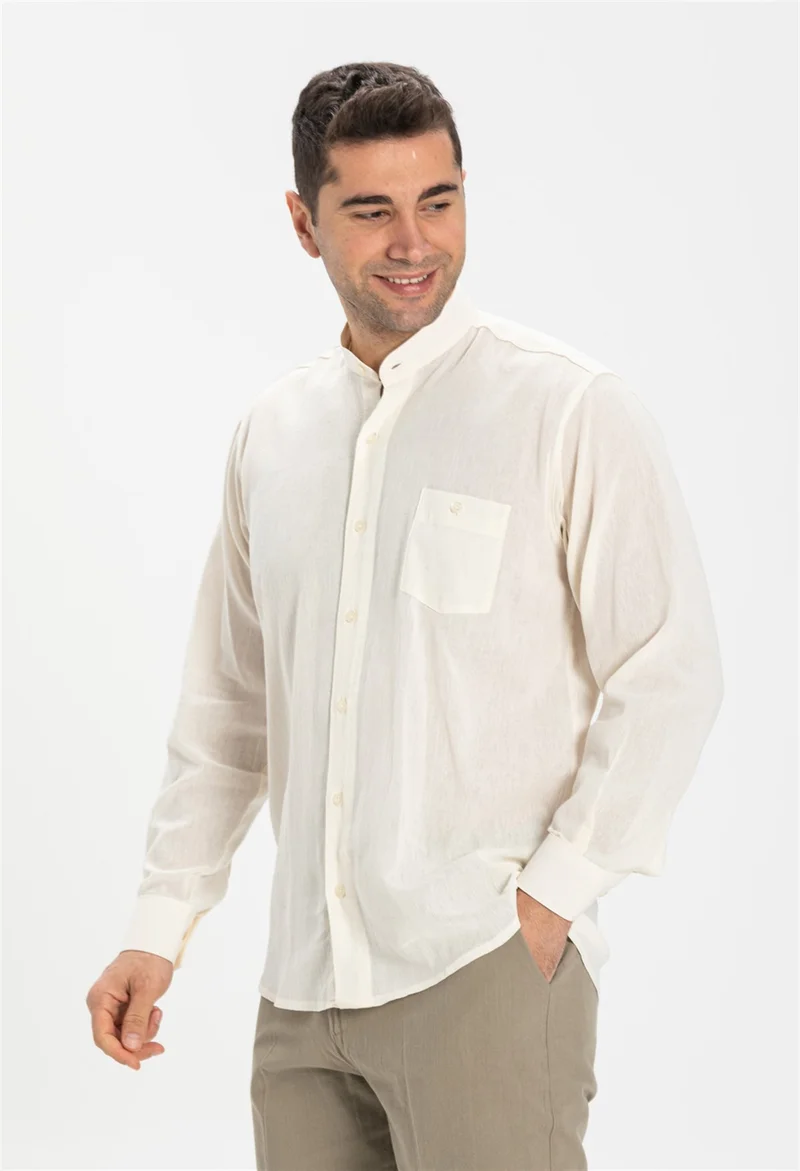 Eliş Şile Bezi Long Sleeve Şile Cloth Classic Collar Single Pocket Men's Shirt Cream 3002