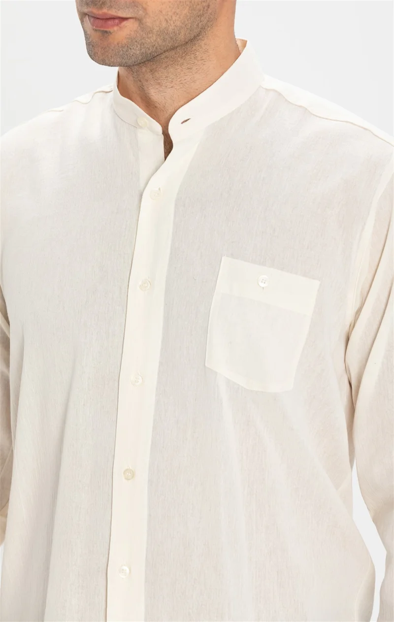 Eliş Şile Bezi Long Sleeve Şile Cloth Classic Collar Single Pocket Men's Shirt Cream 3002