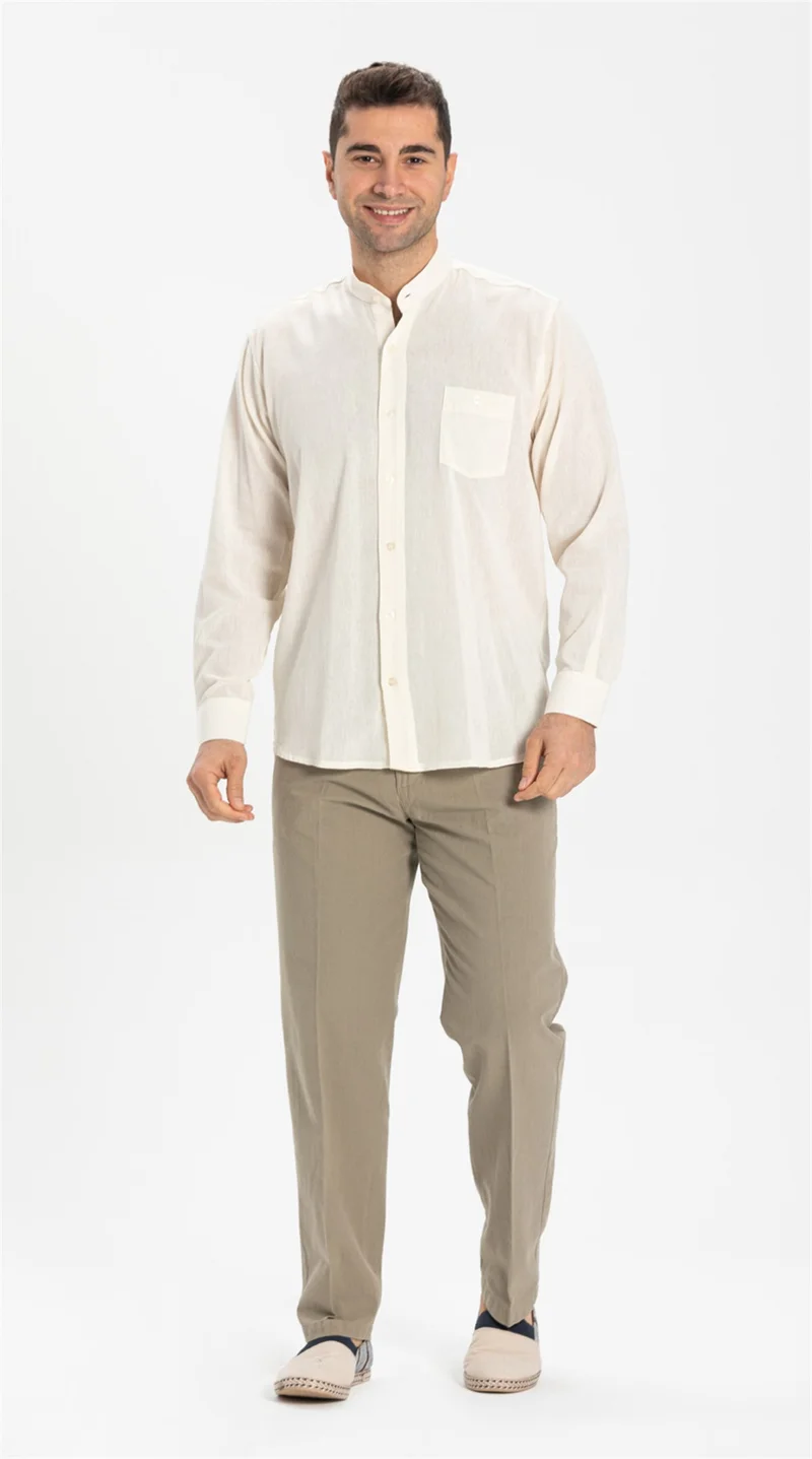 Eliş Şile Bezi Long Sleeve Şile Cloth Classic Collar Single Pocket Men's Shirt Cream 3002