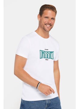 Tudors Men's Slim Fit Narrow Cut Cotton Soft Textured Printed White Crew Neck T-Shirt  - Image 1