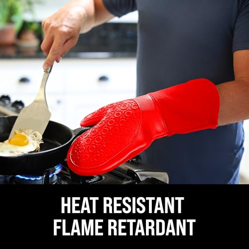 HOMWE BPA-Free Silicone Oven Mitts Ultra Heat Resistant up to 500°F - Oven Mitts with Thick Cotton Liner - Long Slip Resistant Pot Holders, Flexible Oven Gloves - Canyon Red 13.7 - Image 3
