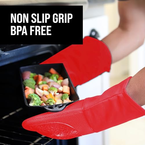 HOMWE BPA-Free Silicone Oven Mitts Ultra Heat Resistant up to 500°F - Oven Mitts with Thick Cotton Liner - Long Slip Resistant Pot Holders, Flexible Oven Gloves - Canyon Red 13.7 - Image 5