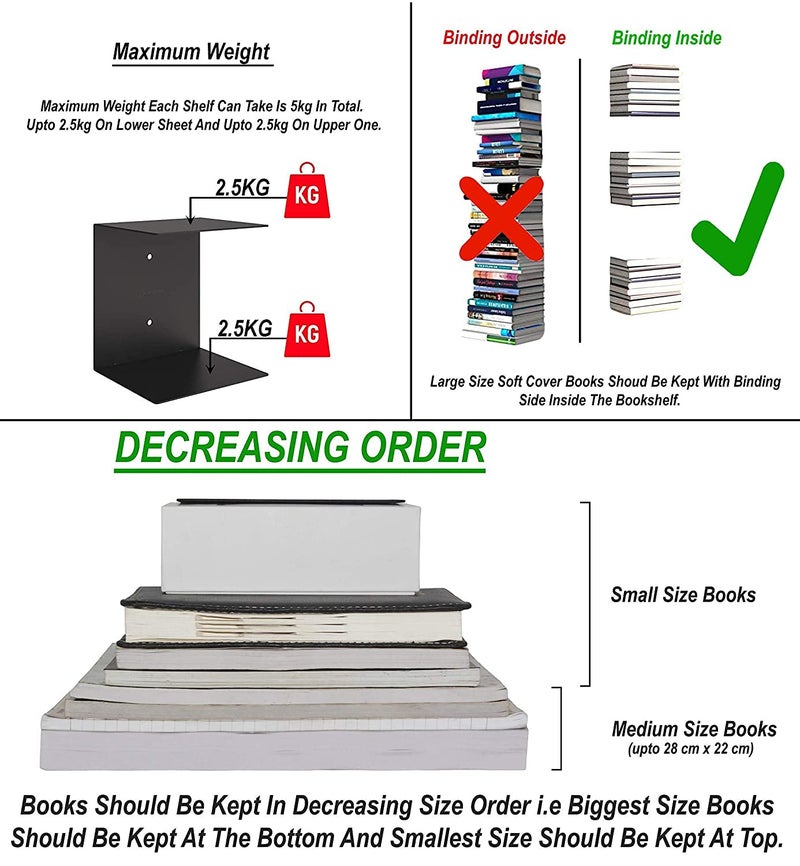 NICOYA Book Shelf Wall Mounted Metal Invisible Book Shelves 3 Piece Per Pack Compatible with Hard Cover Small and Medium Size Books Black - Image 3