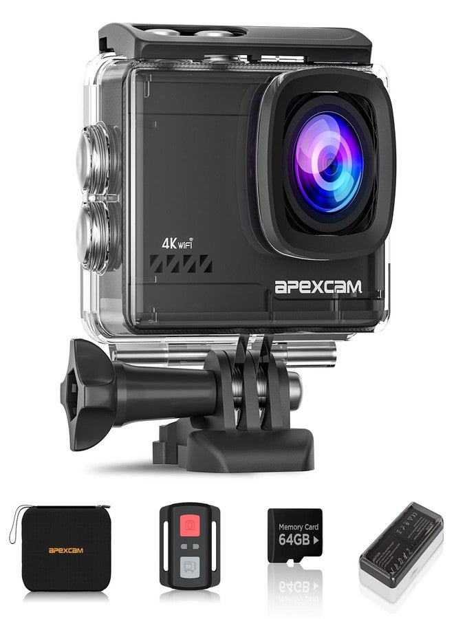Apexcam 4K 60FPS 64MP EIS WiFi Action Camera with 64GB Memory Card Waterproof Underwater Camera 40M Sport Camera 2.0'LCD 2.4G Remote Control 2X1350mAh Batteries and Multiple accessorie - Image 1