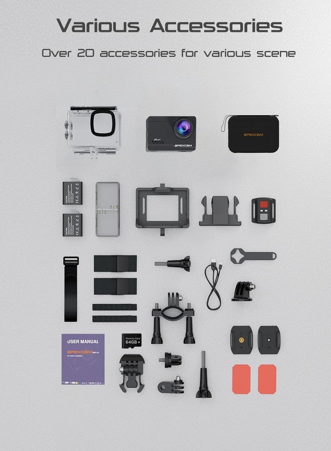 Apexcam 4K 60FPS 64MP EIS WiFi Action Camera with 64GB Memory Card Waterproof Underwater Camera 40M Sport Camera 2.0'LCD 2.4G Remote Control 2X1350mAh Batteries and Multiple accessorie - Image 4