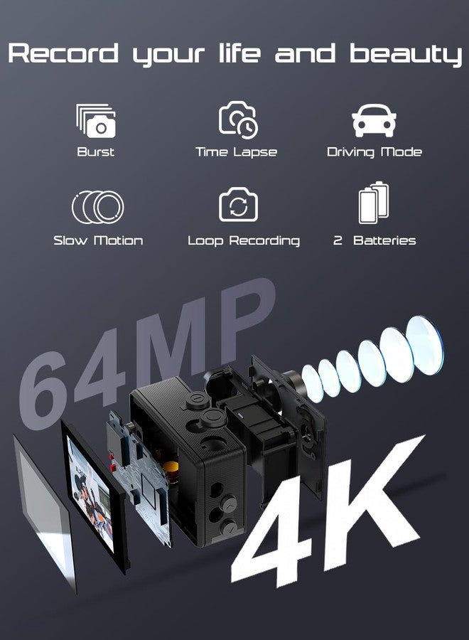 Apexcam 4K 60FPS 64MP EIS WiFi Action Camera with 64GB Memory Card Waterproof Underwater Camera 40M Sport Camera 2.0'LCD 2.4G Remote Control 2X1350mAh Batteries and Multiple accessorie - Image 2