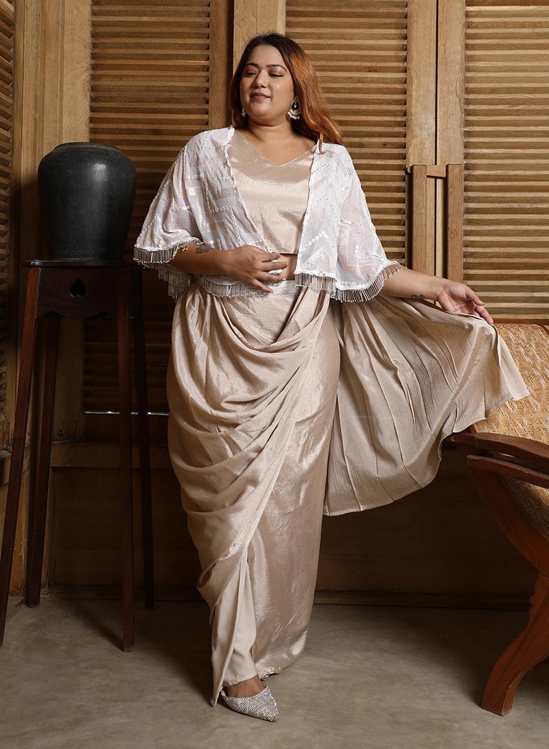 Instafab Plus Women's French Beige Bijou Cape Pre-Draped Saree - Image 5