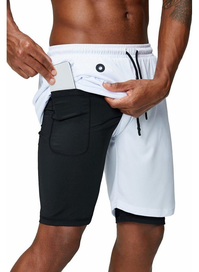 Pinkbomb Men's 2 in 1 Running Shorts Gym Workout Quick Dry Mens Shorts with Phone Pocket (White, X-Large), White, XL - Image 1