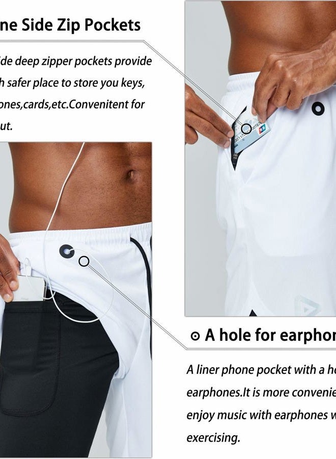Pinkbomb Men's 2 in 1 Running Shorts Gym Workout Quick Dry Mens Shorts with Phone Pocket (White, X-Large), White, XL - Image 3
