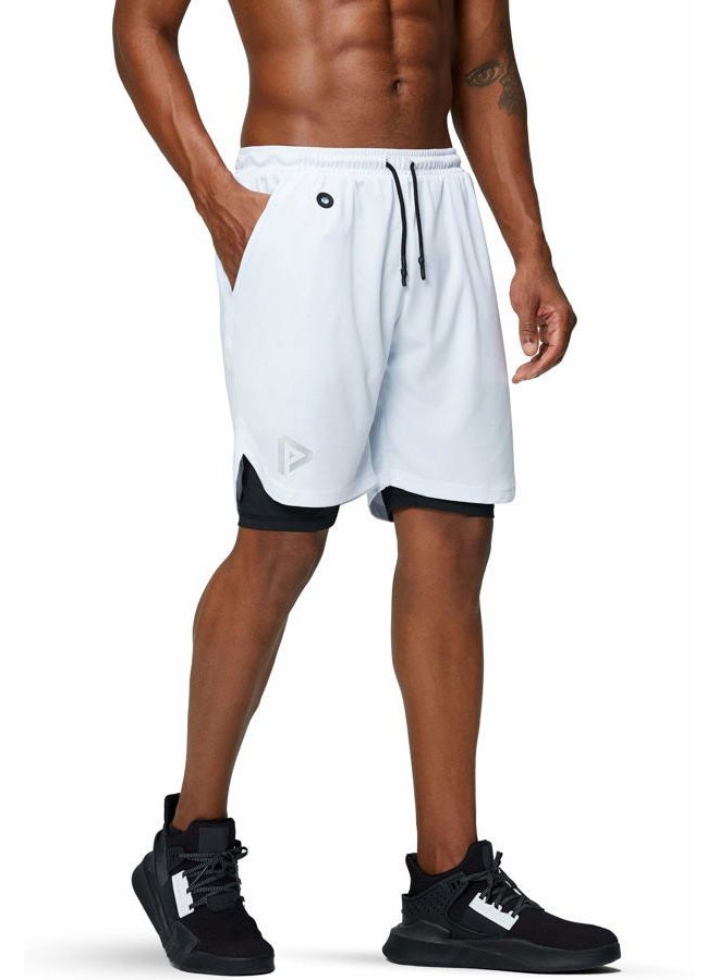 Pinkbomb Men's 2 in 1 Running Shorts Gym Workout Quick Dry Mens Shorts with Phone Pocket (White, X-Large), White, XL - Image 4